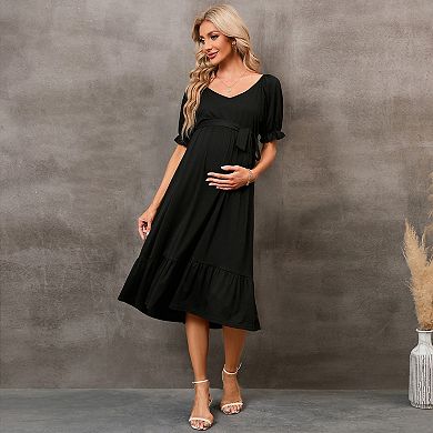 Maternity Dress Crewneck V Neck Short Sleeves Midi Dresses For Pregnant Woman