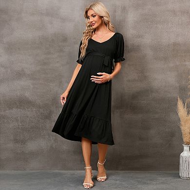 Maternity Dress Crewneck V Neck Short Sleeves Midi Dresses For Pregnant ...