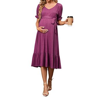 Maternity Dress Crewneck V Neck Short Sleeves Midi Dresses For Pregnant Woman