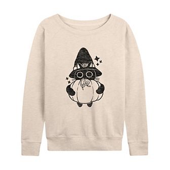 Women's Witch Cat With Pumpkin Halloween French Terry Long Sleeve Tee
