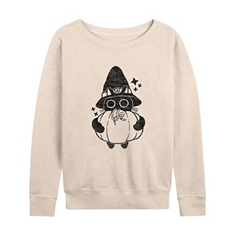 Women's Witch Cat With Pumpkin Halloween French Terry Long Sleeve Tee