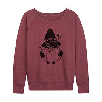 Women's Witch Cat With Pumpkin Halloween French Terry Long Sleeve Tee