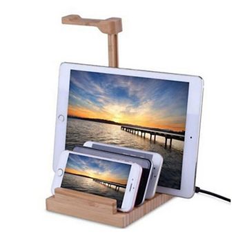 ZTECH Wooden 3 Ports Headset Hanger Rack, USB Charging Dock Station for Headphone and Smartphone