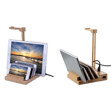 ZTECH Wooden 3 Ports Headset Hanger Rack, USB Charging Dock Station for Headphone and Smartphone