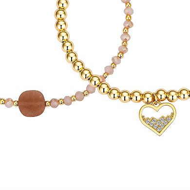 Love This Life 14k Gold Plated Cubic Zirconia & Peach Stone Heart Beaded Stretch Bracelets Trio