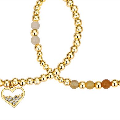 Love This Life 14k Gold Plated Cubic Zirconia & Peach Stone Heart Beaded Stretch Bracelets Trio