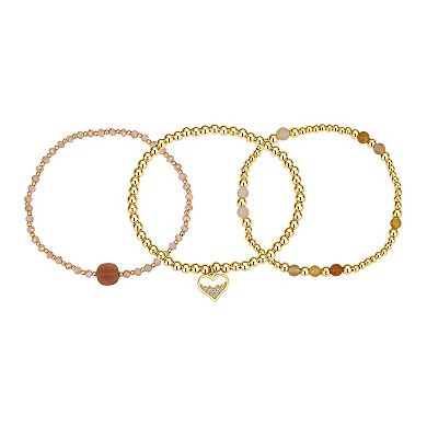 Love This Life 14k Gold Plated Cubic Zirconia & Peach Stone Heart Beaded Stretch Bracelets Trio