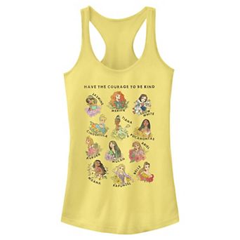 Disney Princess Jasmine, Merida, Snow White, Cinderella, Tiana, Pocahontas, Aurora, Mulan, Ariel, Moana, Rapunzel & Belle Have The Courage To Be Kind Juniors' Racerback Tank Top