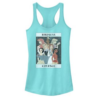 Disney Princess Ariel, Tiana, Rapunzel, Aurora, Belle, Snow White & Moana Kindness And Courage Juniors' Racerback Tank Top