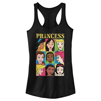 Disney Princess Jasmine, Mulan, Cinderella, Belle, Tiana, Ariel, Aurora, Moana & Snow White Pop Colors Portraits Juniors' Racerback Tank Top