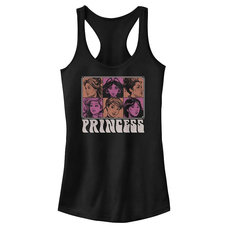 Disney Princess Belle, Jasmine, Tiana, Ariel, Cinderella & Mulan Retro Portraits Juniors' Racerback Tank Top, Girl's, Size: Small, Black