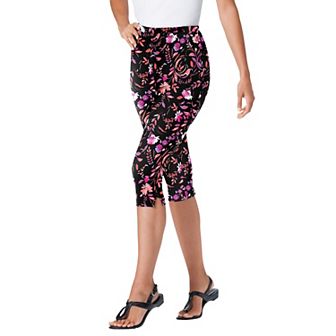 Woman Within Plus Size Petite Stretch-Cotton Knit Pull-On Printed Capri Leggings
