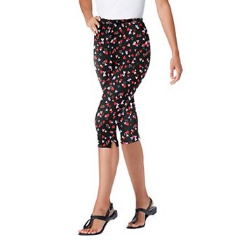 Woman Within Plus Size Petite Stretch-Cotton Knit Pull-On Printed Capri Leggings