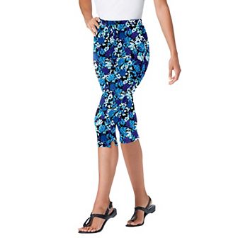 Woman Within Plus Size Petite Stretch-Cotton Knit Pull-On Printed Capri Leggings