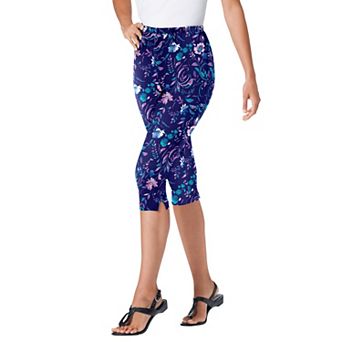 Woman Within Plus Size Petite Stretch-Cotton Knit Pull-On Printed Capri Leggings