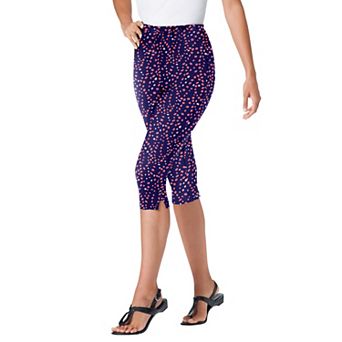Woman Within Plus Size Petite Stretch-Cotton Knit Pull-On Printed Capri Leggings