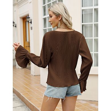 Women's Deep V Neck Button Front Split Slit Short Bell Sleeve Elegant Blouse Y2k Tops Shirt