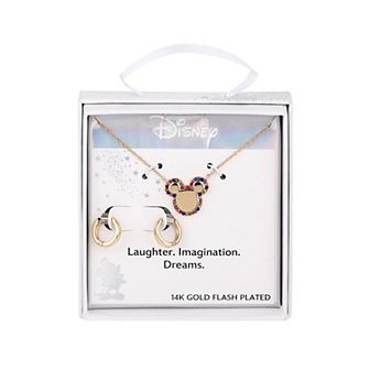 Disney's Mickey Mouse 14k Gold Flash Plated Multicolored Crystal Necklace and Hoop Earring Set