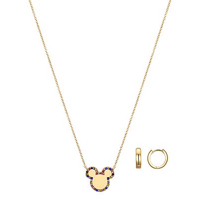 Disney s Mickey Mouse 14k Gold Flash Plated Multicolored Crystal Necklace and Hoop Earring Set