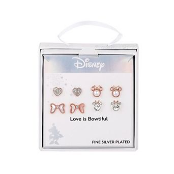 Disney's Minnie Mouse 14k Rose Gold Two Tone Cubic Zirconia and Crystal Stud Earring Set