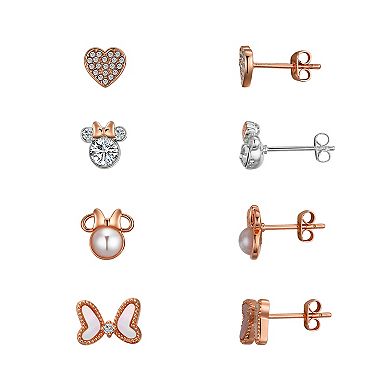 Disney's Minnie Mouse 14k Rose Gold Two Tone Cubic Zirconia and Crystal Stud Earring Set