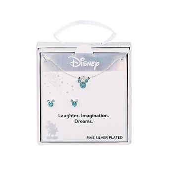 Disney's Mickey Mouse Fine Silver Plated Aquamarine Crystal Pendant Necklace and Stud Earring Set