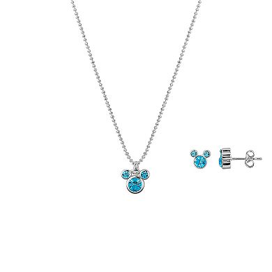 Disney's Mickey Mouse Fine Silver Plated Aquamarine Crystal Pendant Necklace and Stud Earring Set