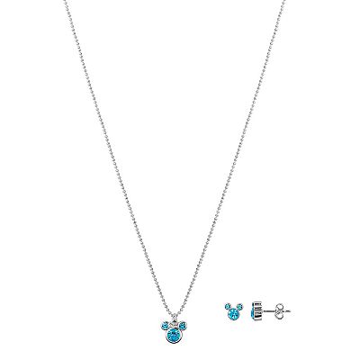 Disney's Mickey Mouse Fine Silver Plated Aquamarine Crystal Pendant Necklace and Stud Earring Set