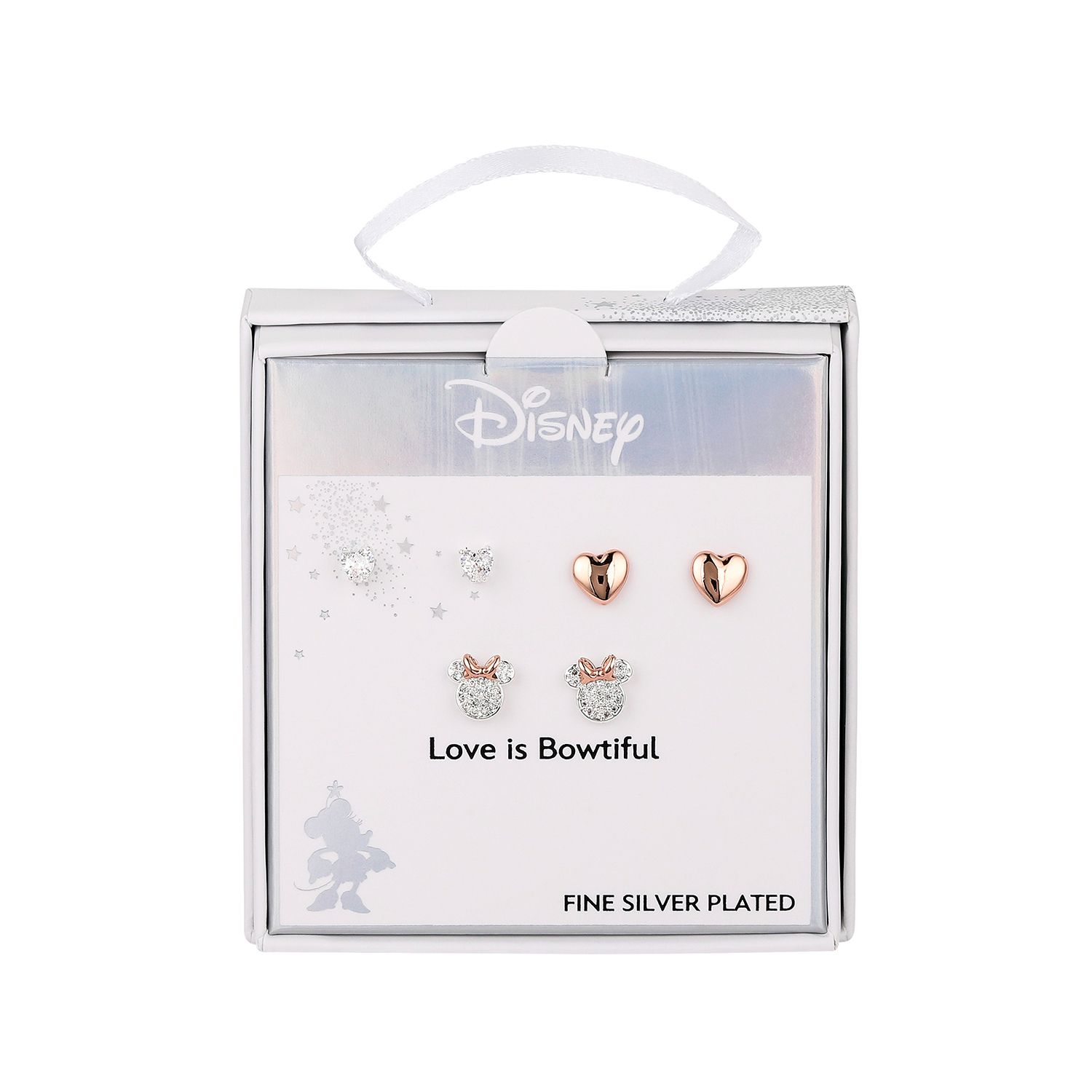 Disney's Minnie Mouse 14k Rose Gold Two Tone Cubic Zirconia Stud Earring Set - Silver