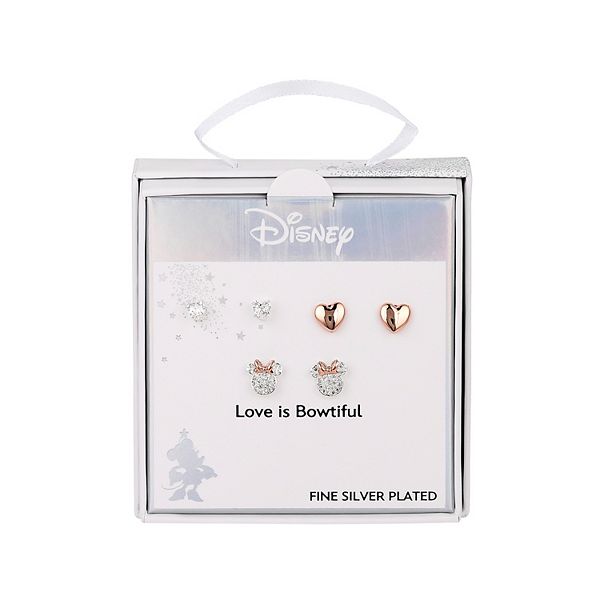 Disney's Minnie Mouse 14k Rose Gold Two Tone Cubic Zirconia Stud Earring Set - Silver