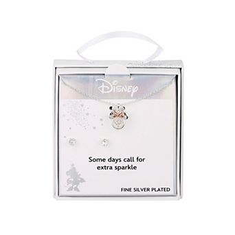 Disney's Minnie Mouse Fine Silver Plated Dancing Cubic Zirconia Pendant Necklace and Stud Earring Set