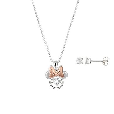 Disney's Minnie Mouse Fine Silver Plated Dancing Cubic Zirconia Pendant Necklace and Stud Earring Set
