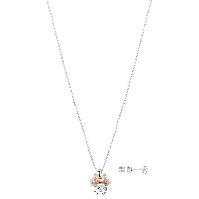 Disney's Minnie Mouse Fine Silver Plated Dancing Cubic Zirconia Pendant Necklace and Stud Earring Set