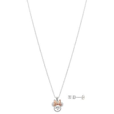 Disney s Minnie Mouse Fine Silver Plated Dancing Cubic Zirconia Pendant Necklace and Stud Earring Set
