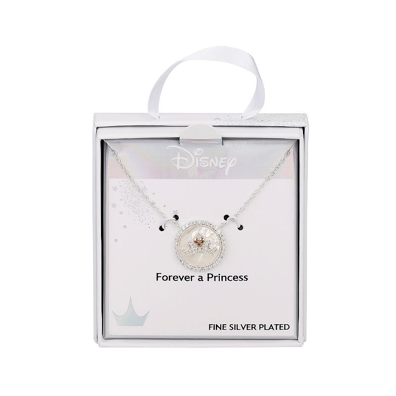 Disney Crown Fine Silver Plated Cubic Zirconia and Mother of Pearl Forever a Princess Pendant Necklace, Women's, 