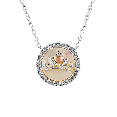 Disney Crown Fine Silver Plated Cubic Zirconia and Mother of Pearl Forever a Princess Pendant Necklace