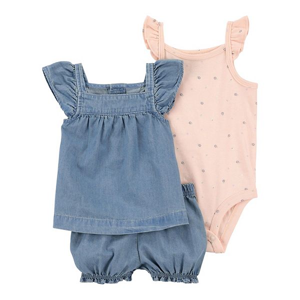 Carter's Baby Girl Heart Chambray Long-Sleeve Blue Denim Jumpsuit main image 0