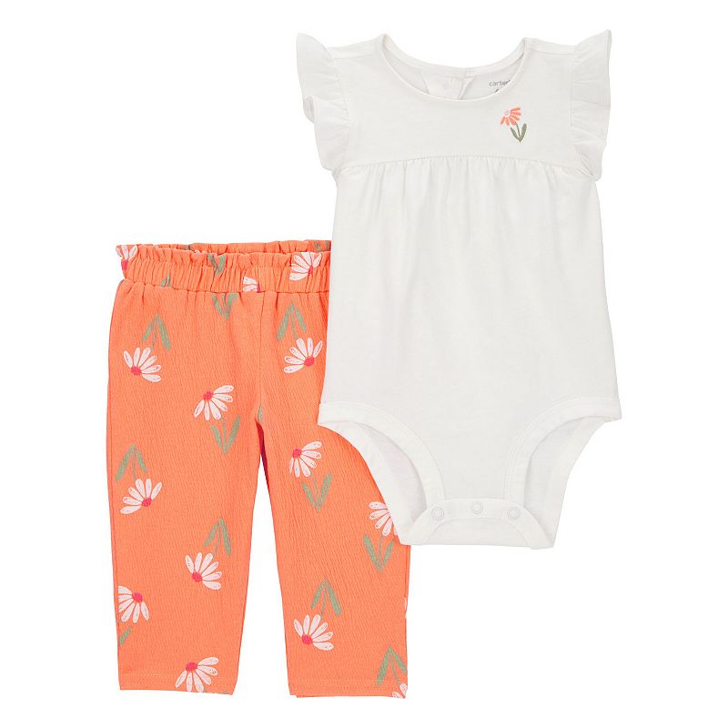 Baby Girl Carter's 2-Piece Floral Flutter Sleeve Bodysuit & Pants Set, Girl's, Size: 12 Months, Orange Floral