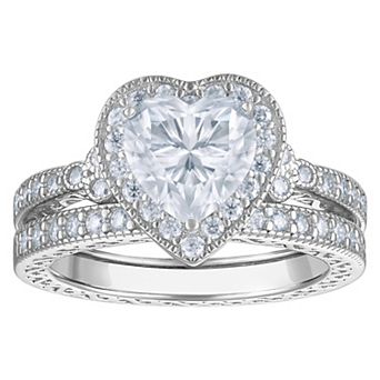 White Lotus Sterling Silver Lab-Created Moissanite Heart Bridal Ring Set