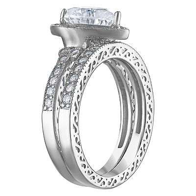 White Lotus Sterling Silver Lab Created Moissanite Heart Bridal Ring Set