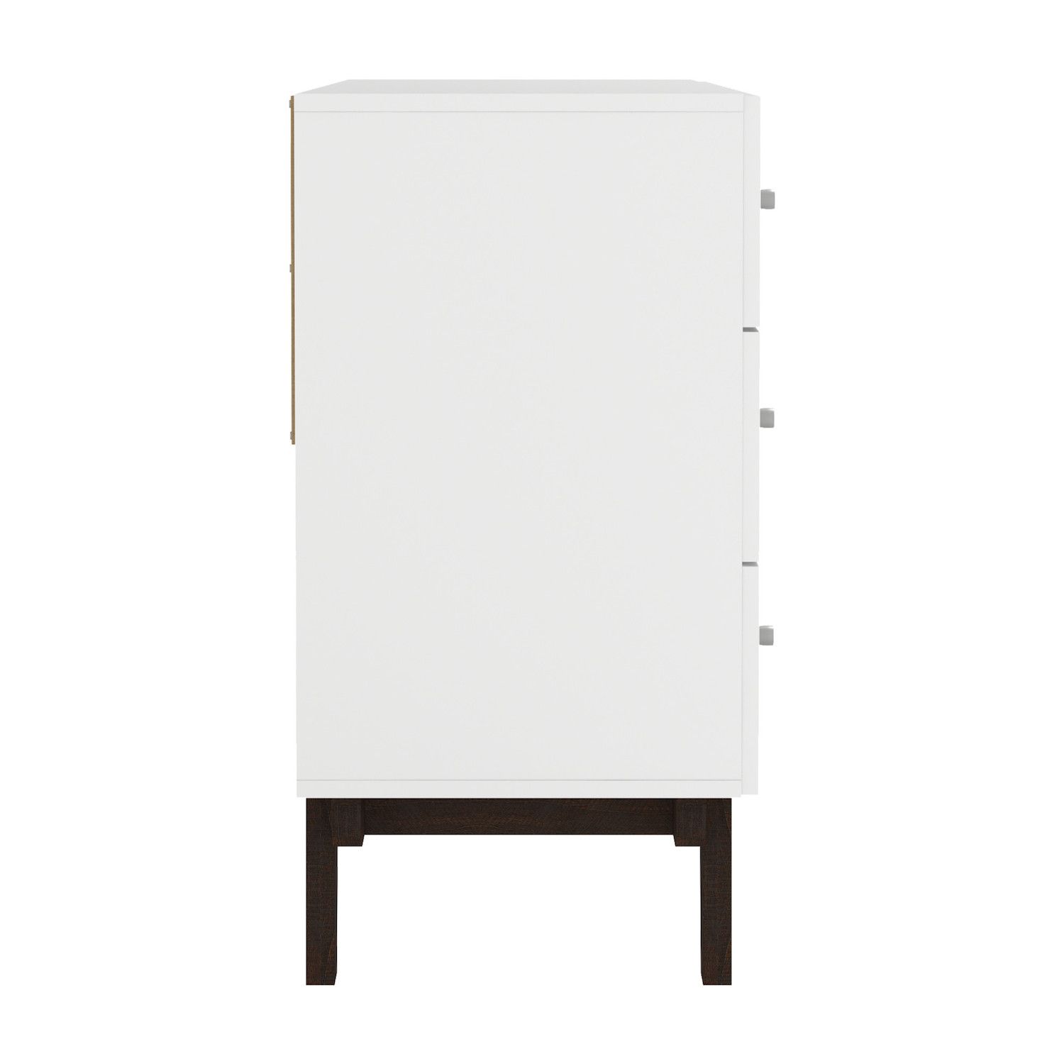 Side view of white tall dresser with knobs and dark legs