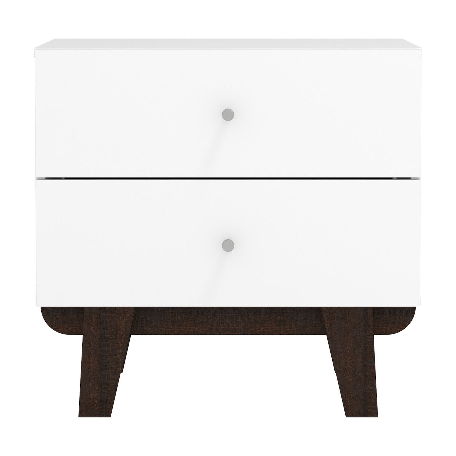 Close-up of two-drawer white nightstand with top knob