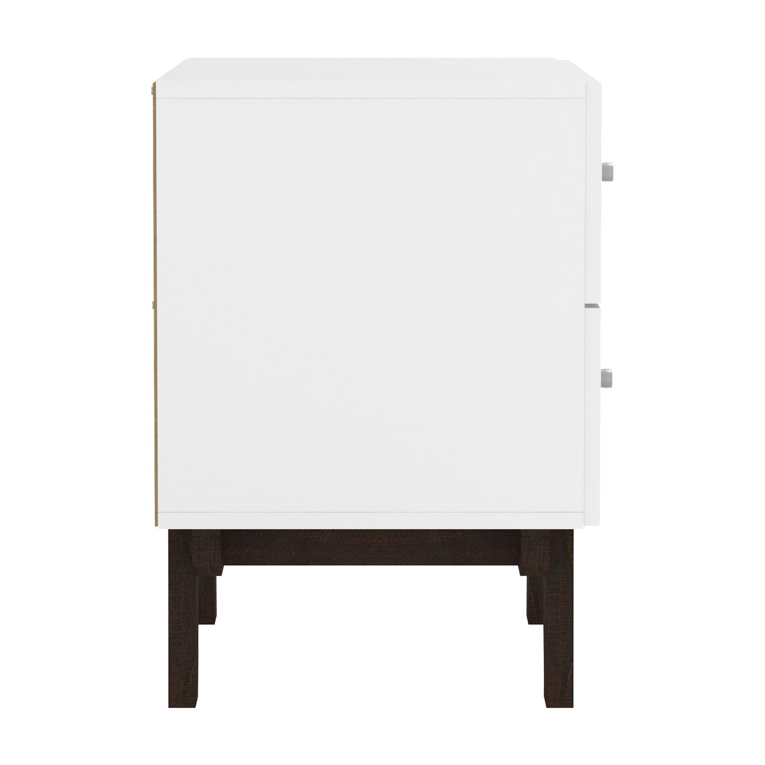 Side view of two-drawer nightstand showing knob and legs
