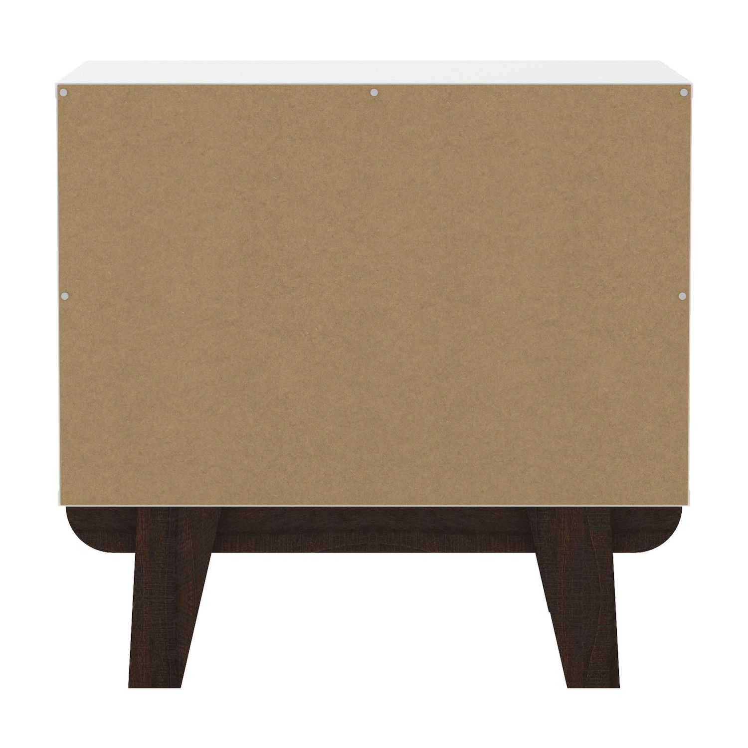 Back panel of dresser showing brown cork board and screws