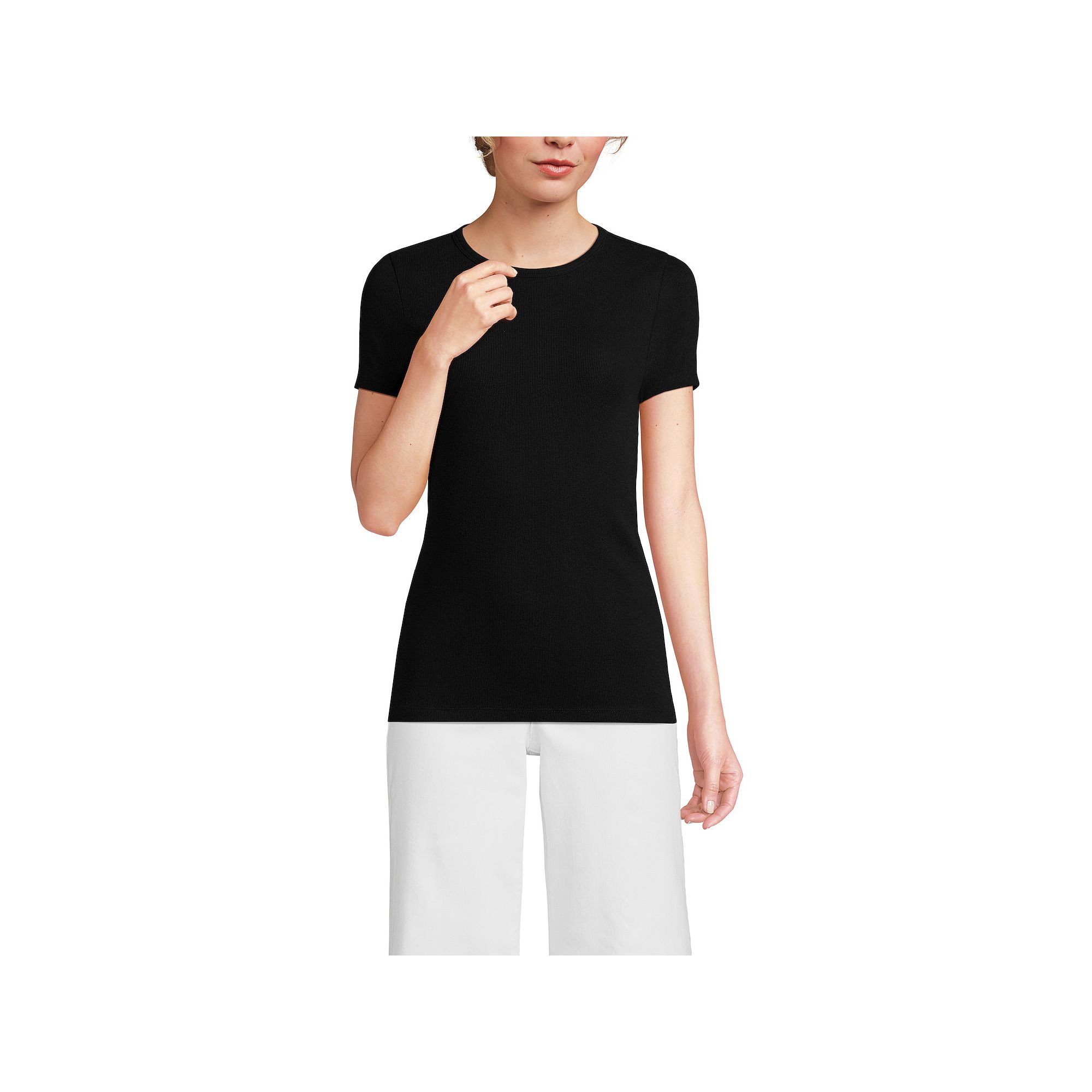 Womens Lands End Tall Micro Rib Tee, Size: Medium Tall, Black