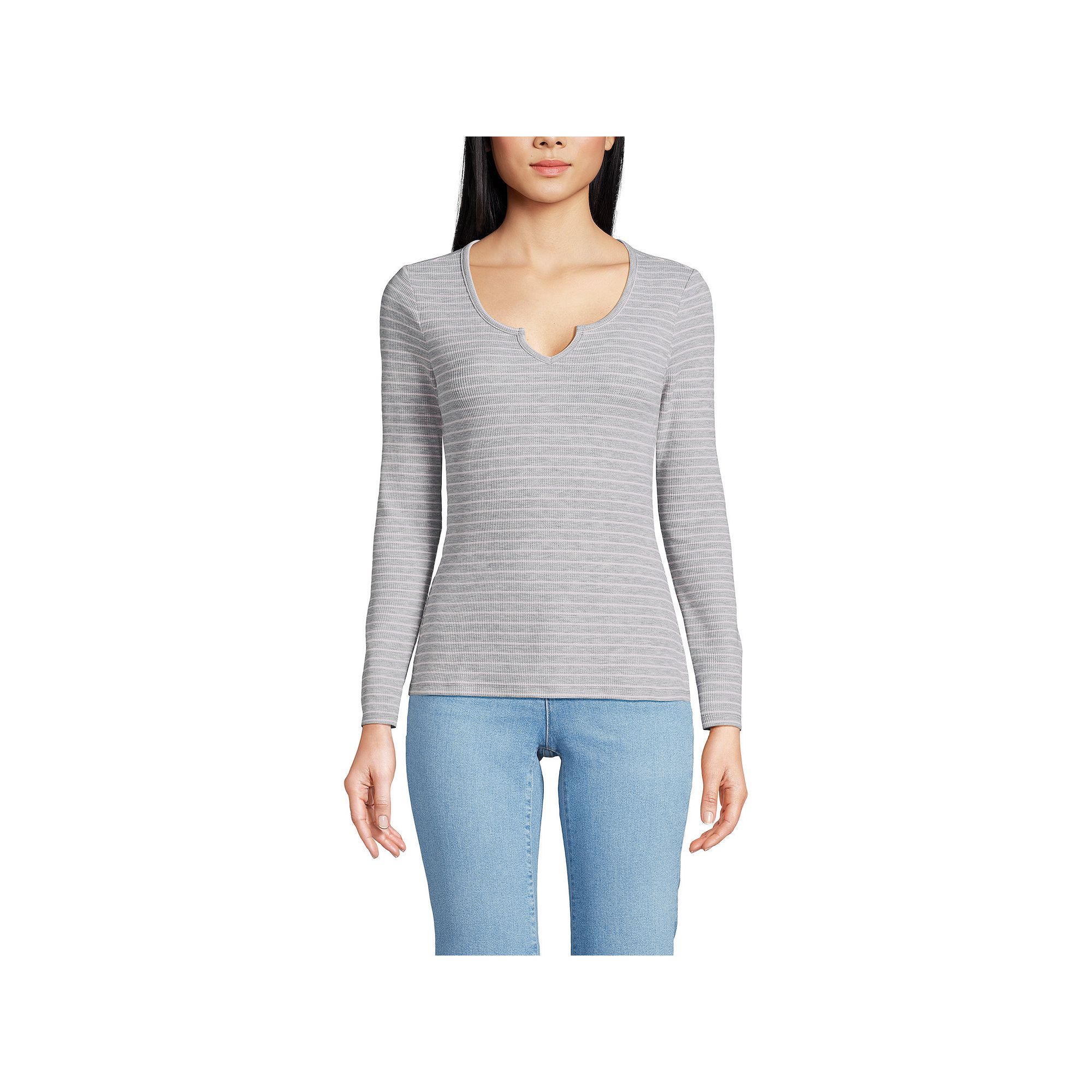 Womens Lands End Waffle Notch Neck Top, Size: XS, Gray Pink Stripe