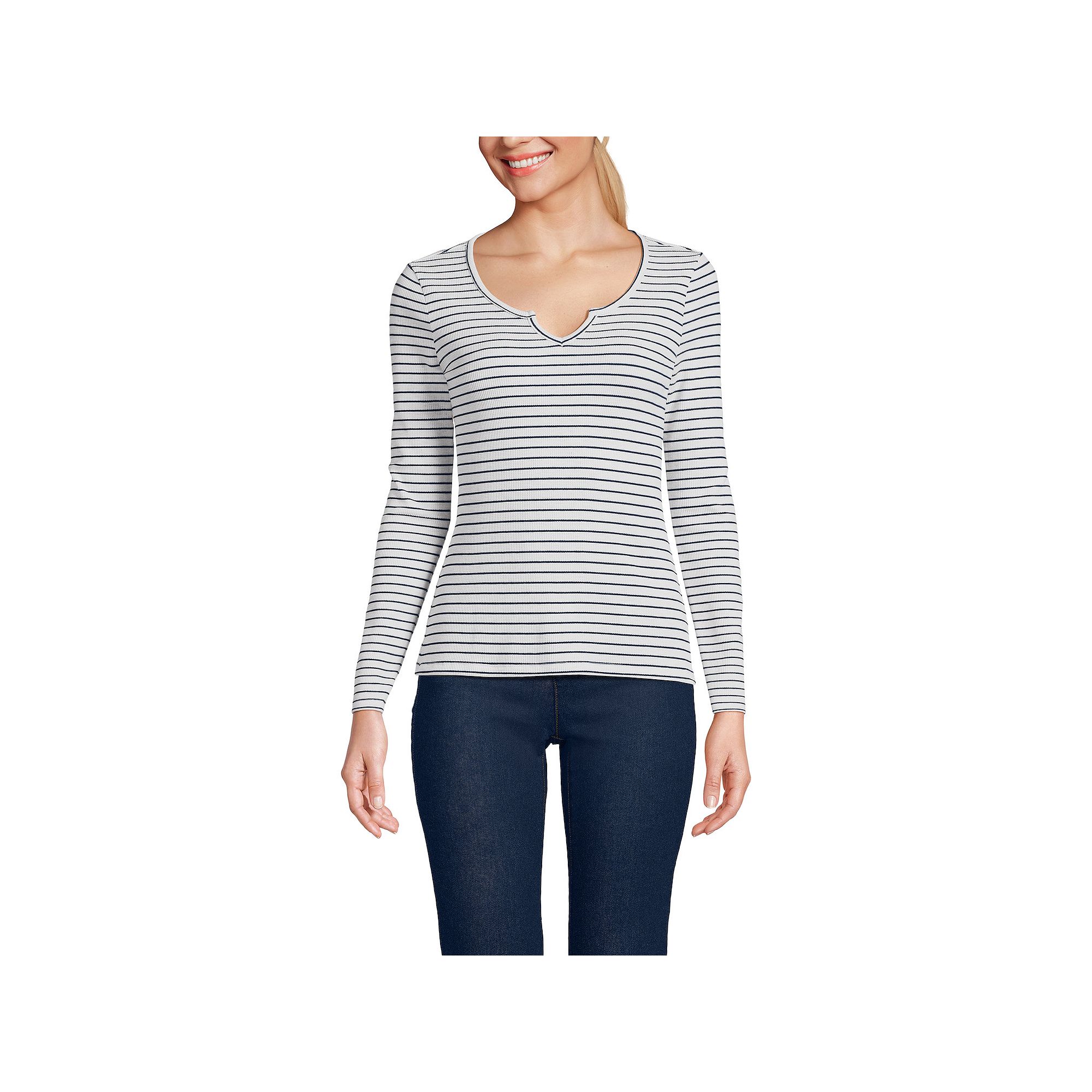 Womens Lands End Waffle Notch Neck Top, Size: XS, Ivory Breton Stripe