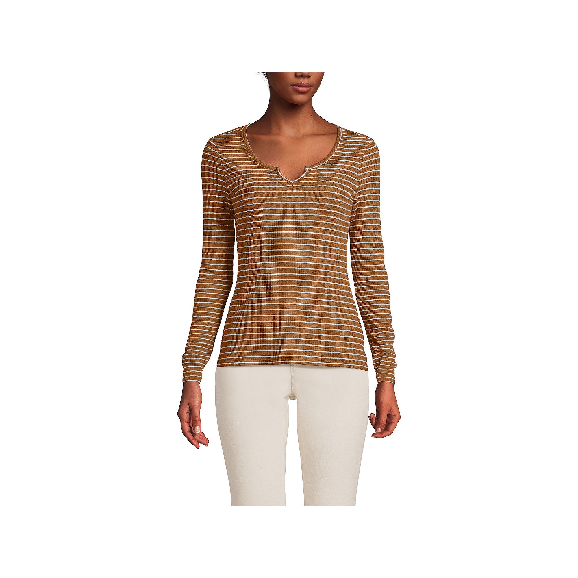 Womens Lands End Waffle Notch Neck Top, Size: Small, Toffee Breton Stripe