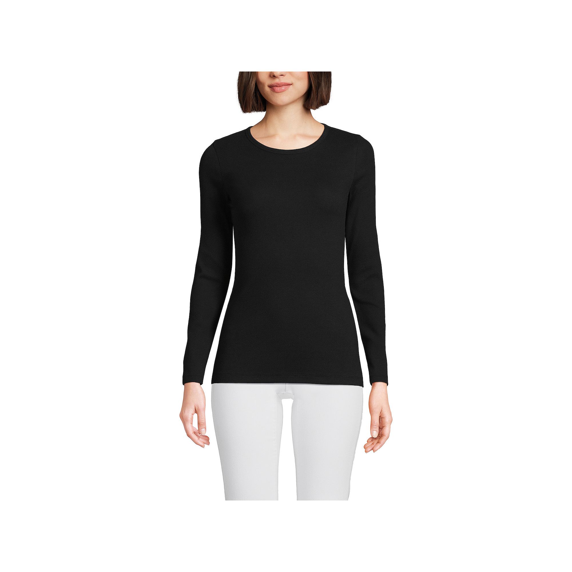 Womens Lands End Micro Rib Tee, Size: XS, Black