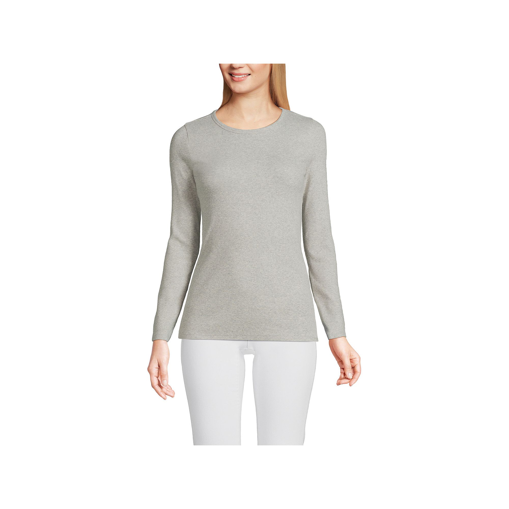 Womens Lands End Micro Rib Tee, Size: XS, Gray Grey